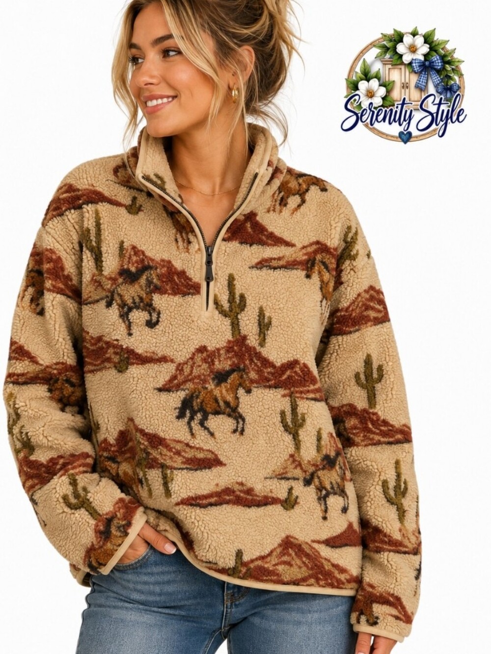 Old Navy XL Western Horse Desert Print Sherpa Fleece Quarter Zip Pullover New